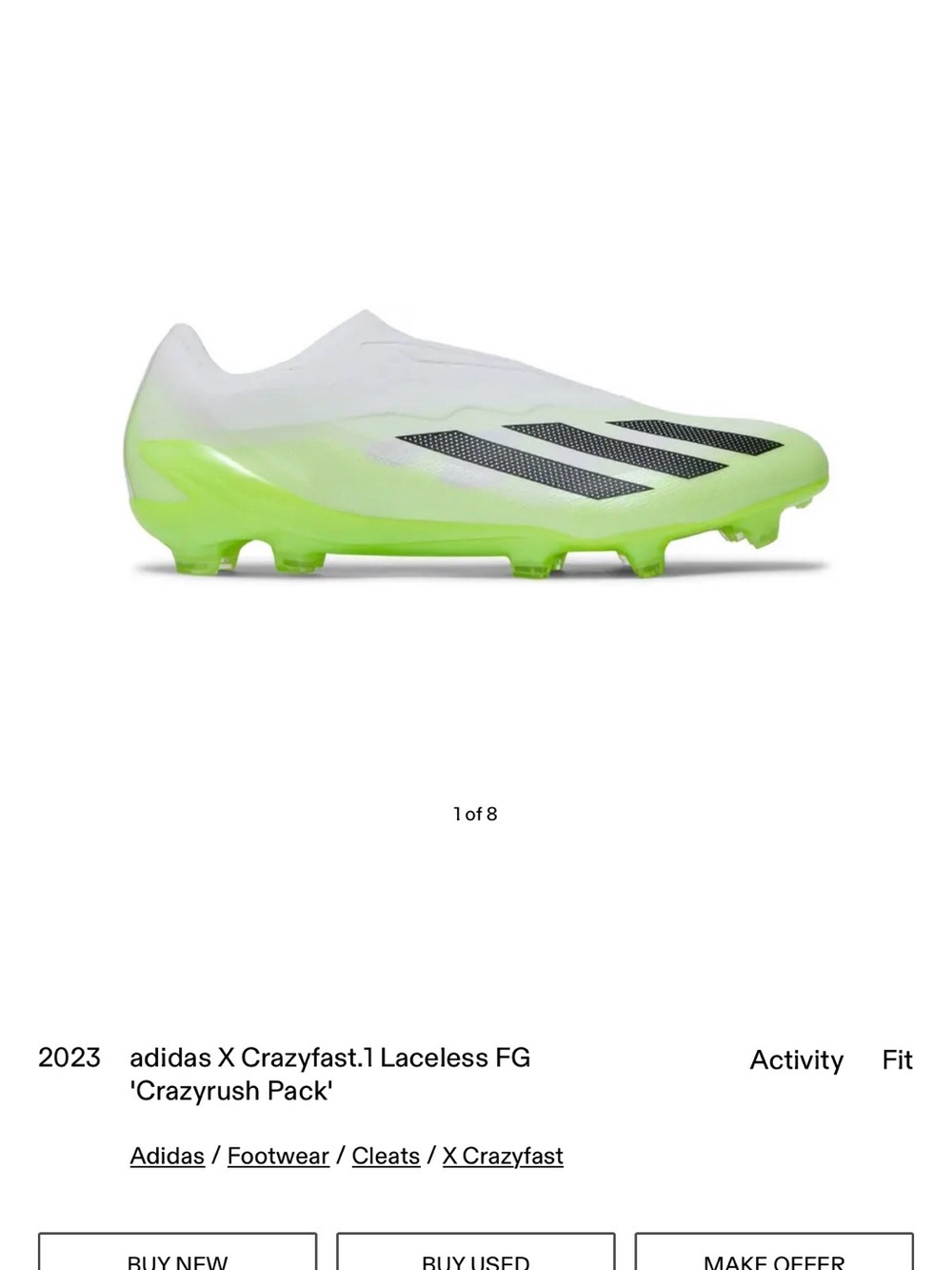 adidas X Crazyfast.1 Laceless FG Soccer Cleat - White & Neon Green